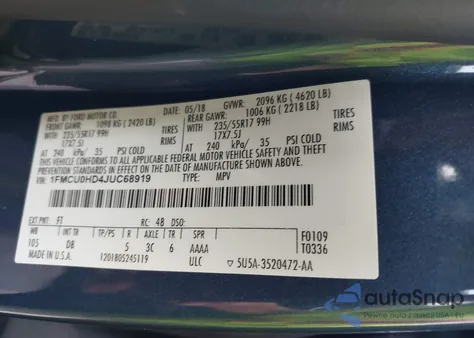 2018 Ford Escape Sel z USA, uszkodzony, nr VIN 1FMCU0HD4JUC68919